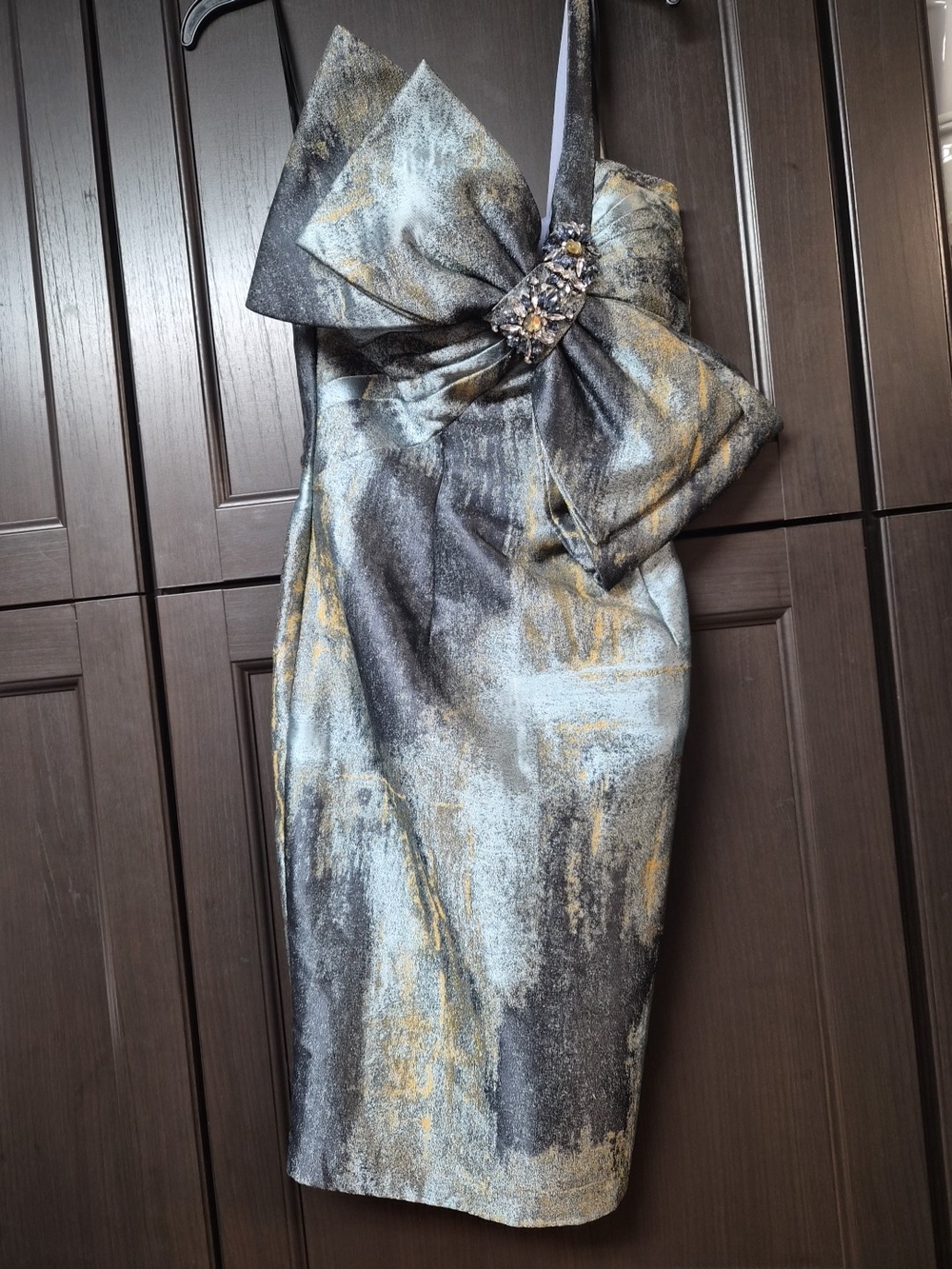 One-Shoulder Metallic Navy and Gold Cocktail Dress with Bow